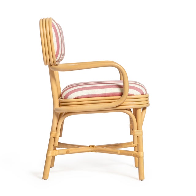 Dorine Striped Performance Linen & Rattan Dining Armchair, Cherry For Sale - Image 4 of 9