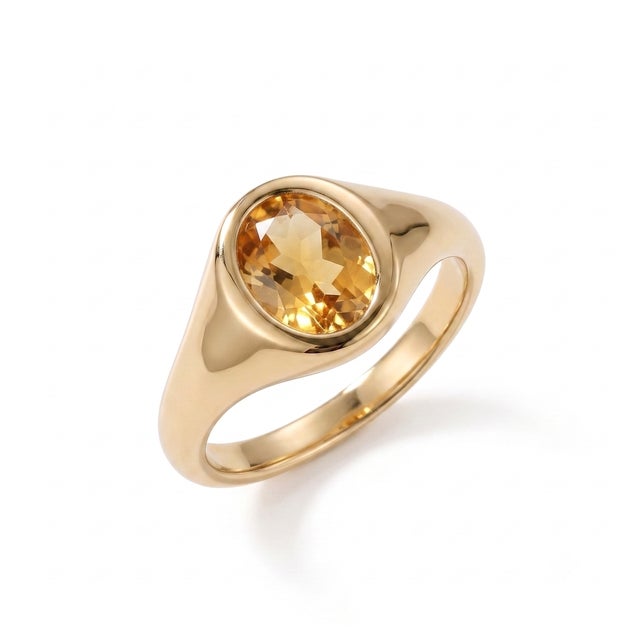 Contemporary Oval Citrine Signet Ring | November Birthstone Ring | Minimalist Gold Statement Ring Us 7 For Sale - Image 3 of 3