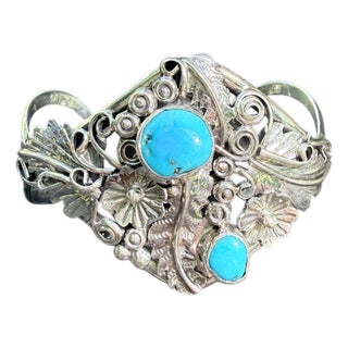 1980s Harry B. Yazzie Navajo Sterling Silver & Turquoise Floral Cuff Bracelet For Sale