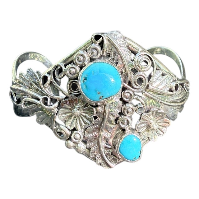1980s Harry B. Yazzie Navajo Sterling Silver & Turquoise Floral Cuff Bracelet For Sale