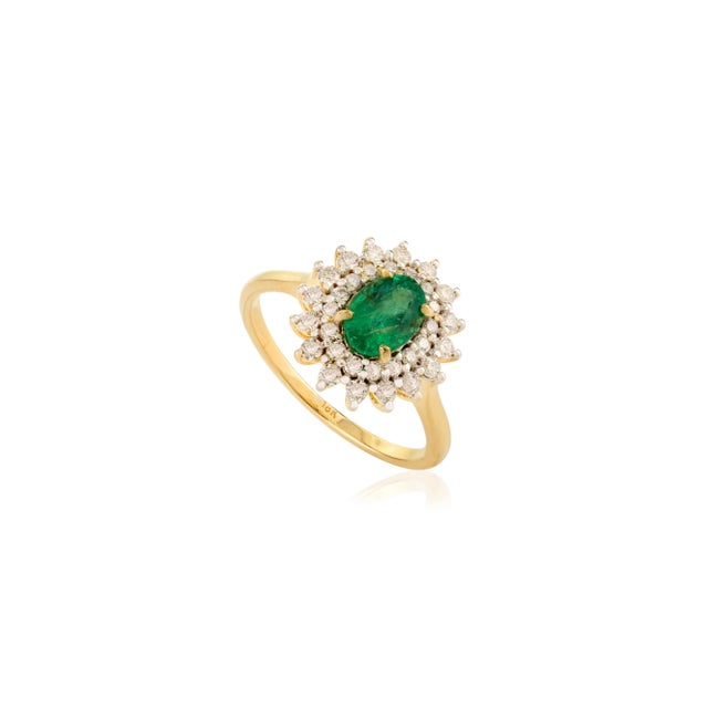 Art Deco Zambian Emerald Pharaonic Style Cluster Diamond Ring Size 5.5 For Sale - Image 3 of 12