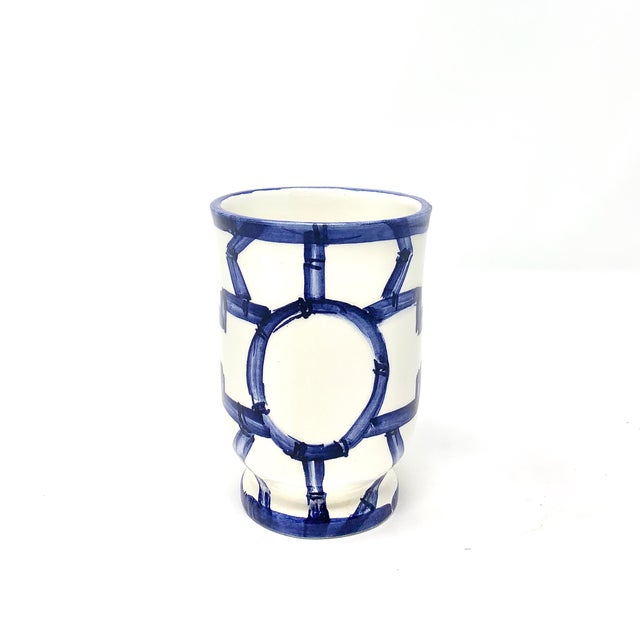Chinoiserie Chinoiserie Bamboo Fret Ceramic Vanity Set, Navy, 3 Pieces For Sale - Image 3 of 4