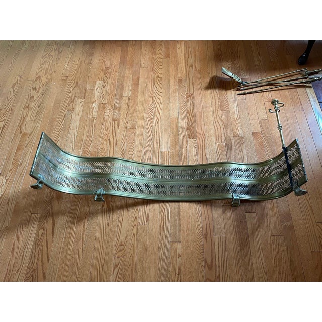 Mid-Century Modern Mid‑Century Brass Pierced Fireplace Fender + Andirons & Tool Set- 6 Pieces For Sale - Image 3 of 12