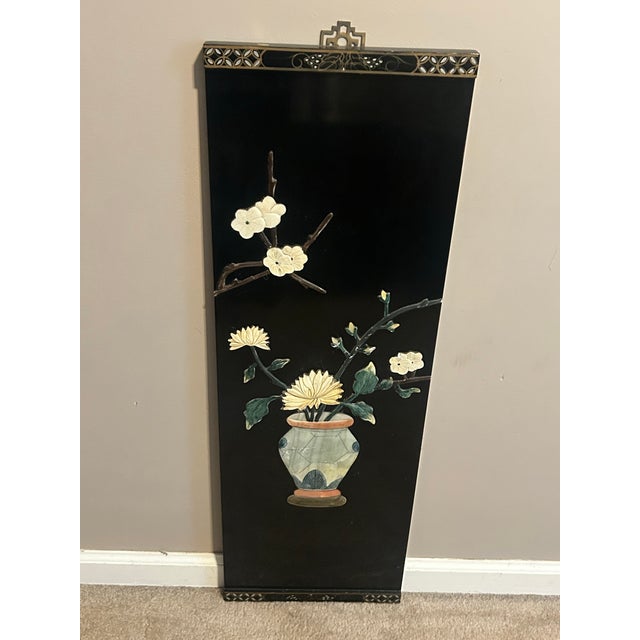 1960s Vintage Mid-Century Chinese Black Lacquer & Soapstone Four Seasons Wall Panels - Set of 4 For Sale - Image 5 of 10