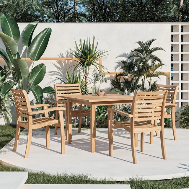 Enhance your outdoor dining with the Birmingham Stacking Teak Armchair set by Hi Teak, featuring four chairs designed with...