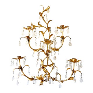 Large Antique Florentine Italian Gilt Tole 5 Candle Wall Sconce With Drippy Crystals For Sale