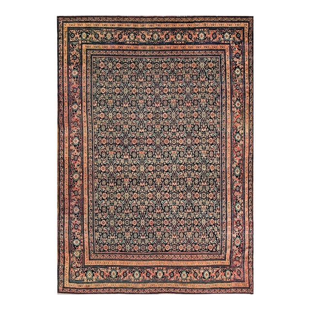 1890s Blue Navy Antique Floral Herati Pattern Senneh Formal Knotted Wool Rug For Sale