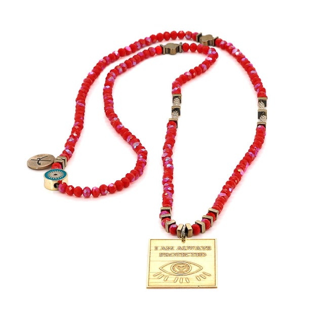 Contemporary I Am Always Protected Gold Pendant Red Beaded Necklace For Sale - Image 3 of 6