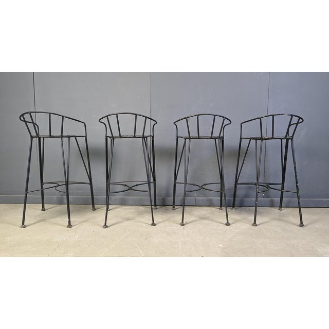 Rustic Vintage Wrought Iron and Rattan Bar Stools, 1970s, Set of 4 For Sale - Image 3 of 18