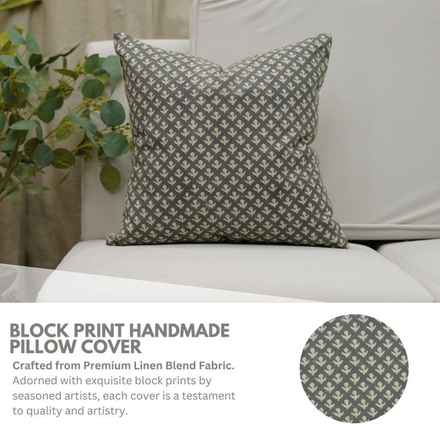 Gray Fabdivine Handmade Block Print Linen Blend Throw Pillow Cover 14x14 – Hariyali Green Floral Design For Sale - Image 8 of 9