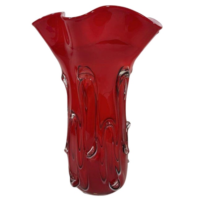 Mid 20th Century Vintage Fazzoletto Murano Textured Red Art Glass Vase For Sale - Image 5 of 14