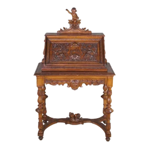 Late 19th Century Antique Italian Renaissance Revival Walnut Figural Carved Writing Desk