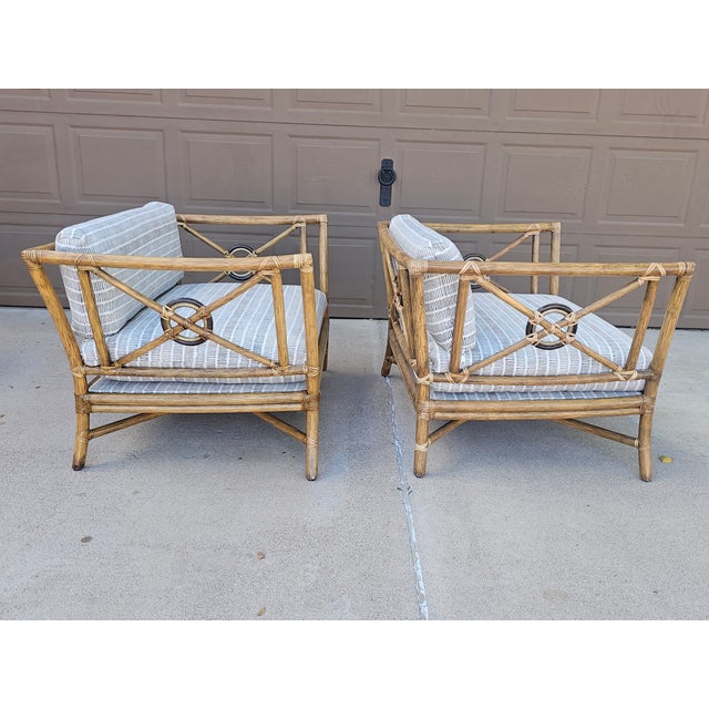 Pair of McGuire Target Back Lounge Chairs With 3 McGuire Footstools For Sale - Image 12 of 18