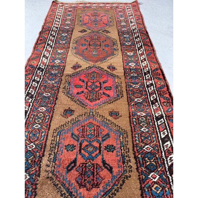 Antique Camel Hair Runnr with Coral Pinks, Watermelon, Rust Rug 3.2 x 9.5 For Sale In Milwaukee - Image 6 of 10