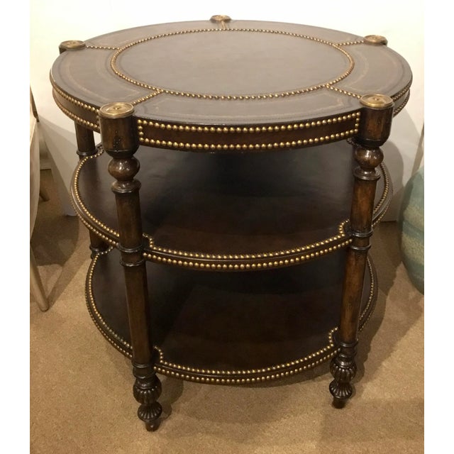 Round Transitional Chocolate Brown Leather and Brass Center Table For Sale In Atlanta - Image 6 of 6