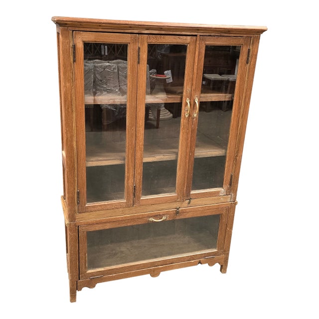 Solid Reclaimed Wood Glass Display Hutch, Rustic Farmhouse Bookcase For Sale