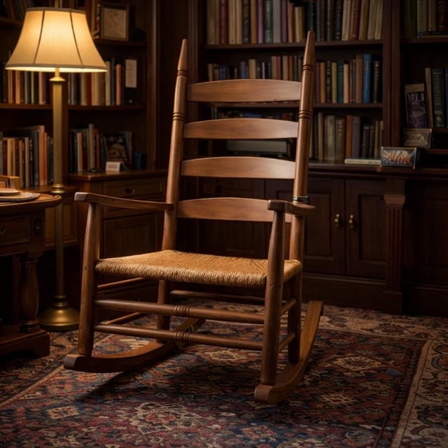 American Mid 20th Century Handmade North Carolina Ladder-Back Rocking Chair With Woven Rush Seat For Sale - Image 3 of 7