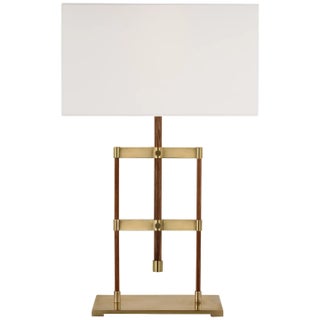 Ray Booth by Visual Comfort Signature Alda 25" Adjustable Table Lamp in Antique-Burnished Brass and Walnut with Linen Shade For Sale