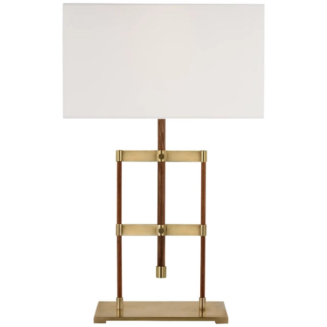 Ray Booth by Visual Comfort Signature Alda 25" Adjustable Table Lamp in Antique-Burnished Brass and Walnut with Linen Shade For Sale