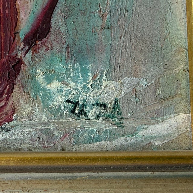 Vintage mid-20th-century impressionist painting by Zaza Mueli. Still life scene featuring a pitcher filled with a bouquet...