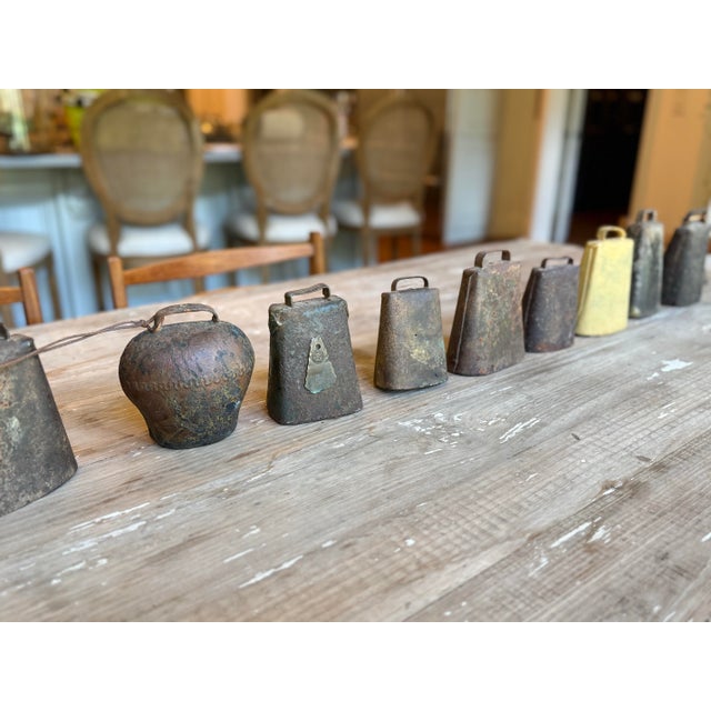 Metal Collection of 15 Antique Hand-Forged Iron & Brass Cowbells With Beautiful Aged Patina For Sale - Image 7 of 10