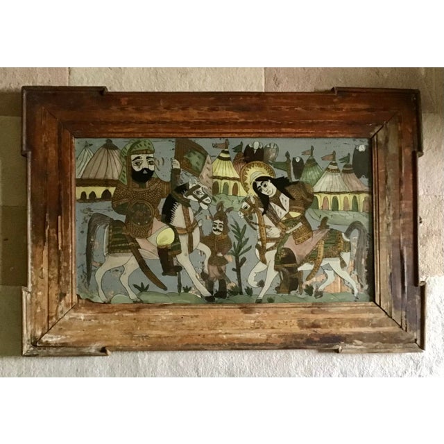 Large 19th-Century Persian Qajar Dynasty Reverse Glass Painting – Battle Encampment Scene For Sale - Image 10 of 12