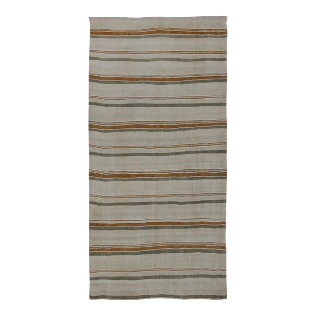 Large Kilim Vintage Rug With Green-Gray and Cognac Color in Stripe Design For Sale
