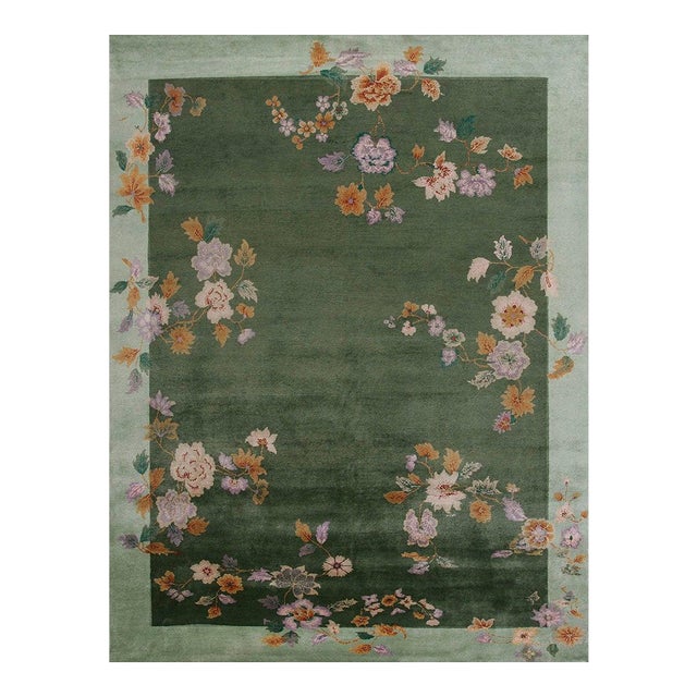2020s Green Floral Contemporary Chinese Art Deco Rug 7'10" X 10'5" Handknotted Wool Carpet For Sale