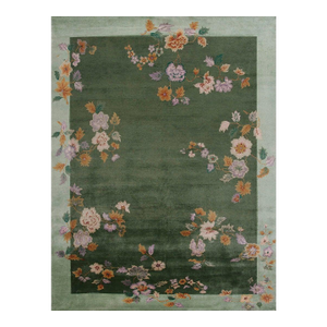 2020s Green Floral Contemporary Chinese Art Deco Rug 7'10" X 10'5" Handknotted Wool Carpet