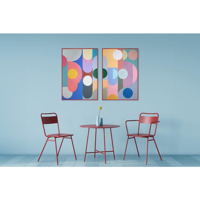 Paper 2026, Art Deco Diagrams Painting, Vivid Tones Geometric Shapes Diptych, Acrylic Paint on Watercolor Paper by Natalia Roman For Sale - Image 7 of 10