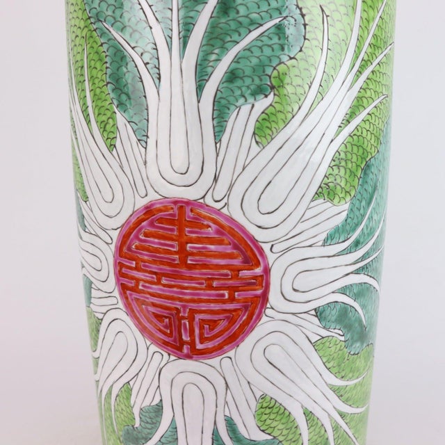 Asian Limited Edition Hand-Painted Jingdezhen Porcelain Umbrella Stand – Bok Choy “Shou” Longevity Pattern For Sale - Image 3 of 7