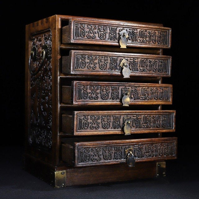 Traditional Carved Hardwood Five-Drawer Tabletop Cabinet With Brass Hardware For Sale - Image 3 of 9