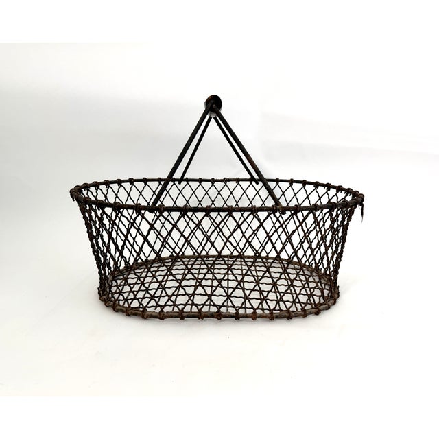 Farmhouse Vintage French Wire Gathering Basket W/ Wooden Grip For Sale - Image 3 of 9