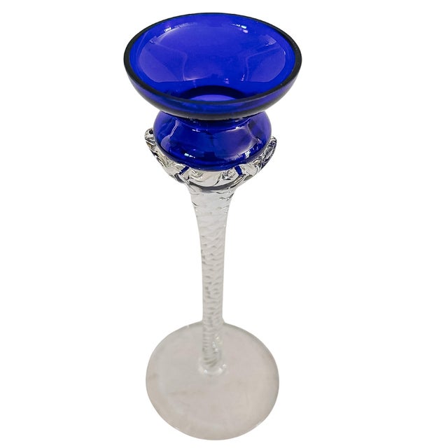 Glass Vintage Romanian Cobalt Blue Hand-Blown Crystal Candlesticks With Twisted Stems – Set of 3 For Sale - Image 7 of 9