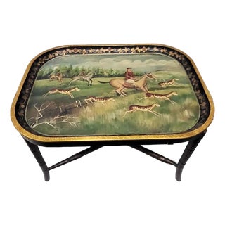 Antique 19th Century English Regency Style Hand-Painted Wooden Hunting Tray Table on Faux-Bamboo Stand For Sale