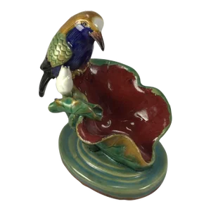 Majolica Victorian Bird Perched on Water Lily Fountain Ceramic Dish Bird on Leaf Blue Bird Parrot Water Fountain Pottery Bird