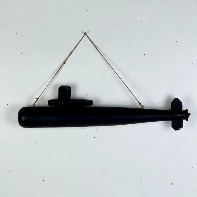 Early 20th Century Unique Folk Art Primitive Hand Made Wooden Submarine in Charcoal Black, Wall Hanging Sculpture For Sale - Image 5 of 10