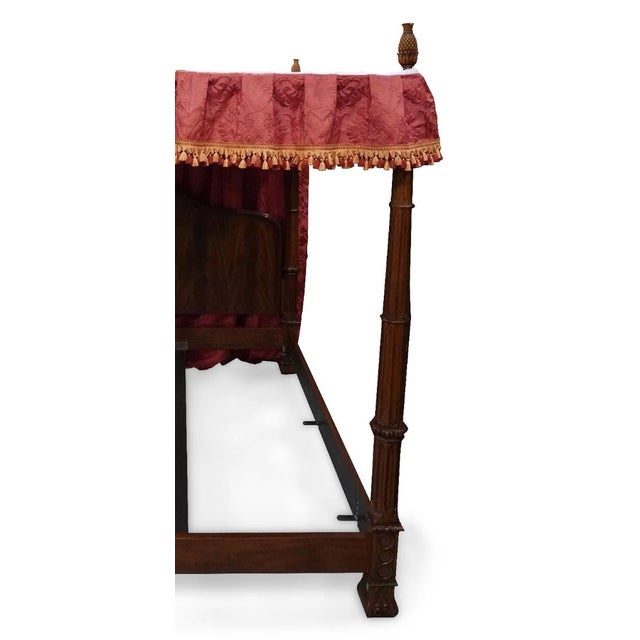 Gothic Late 20th Century Baker Mahogany Gothic Style 4 Post Queen Size Canopy Bed Red Damask Canopy For Sale - Image 3 of 4