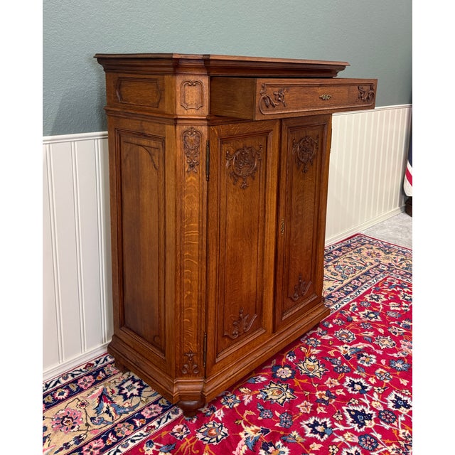 Antique French Double Door Cabinet Cupboard Carved Honey Oak Drawer Early 20th For Sale - Image 11 of 17