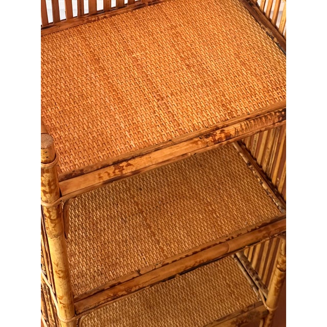 Brown 1970s Organic Modern Three-Tier Small Etagere in Burnt Bamboo and Rattan For Sale - Image 8 of 13