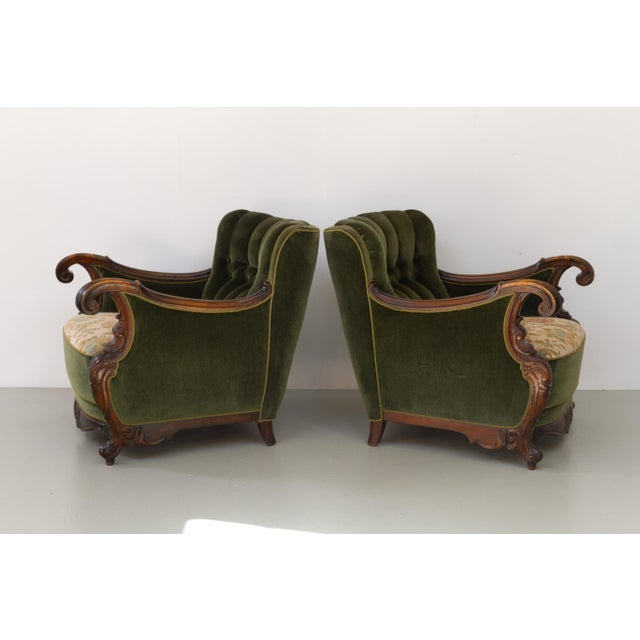 Wood Danish Carved Lounge Chairs in Green Velvet, 1920s, Set of 2 For Sale - Image 7 of 18