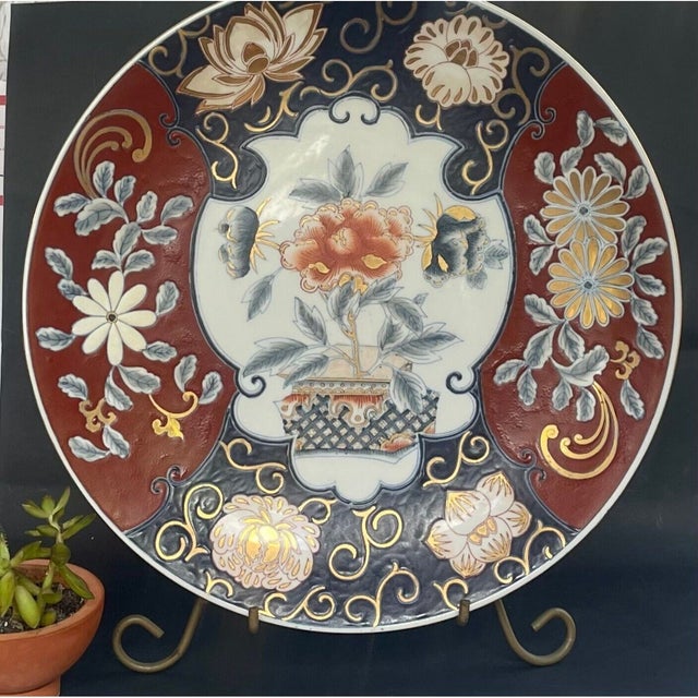 Vintage Chinese Imari Charger Plate – Large 16" - Hand-Painted Porcelain With Peony & Floral Motif – Blue Gold For Sale - Image 4 of 9