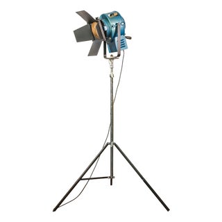Blue Fresnel Theater Spotlight Floor Lamp on Matching Steel Tripod from A.E. Cremer, Paris, 1950s For Sale