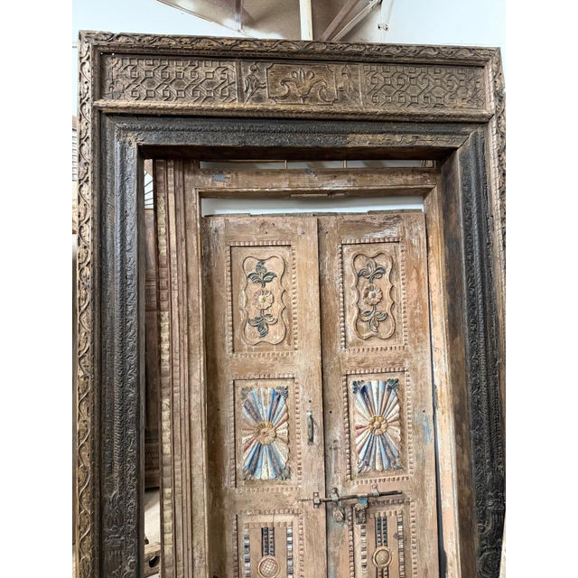 Mid-Century Modern Antique Indian Doorway Dark Teak Carved Wood Huge Floor Mirror Frame | Handcrafted Vintage Full-Length Statement Mirror Frame For Sale - Image 3 of 6
