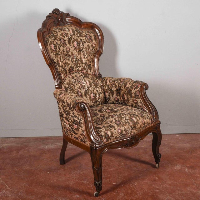 Carved Armchair in Walnut with Damask Fabric For Sale - Image 5 of 18