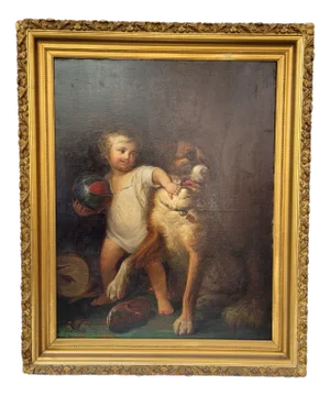 French School Artist, Portrait of Boy with Dog, 1800s, Oil on Canvas, Framed