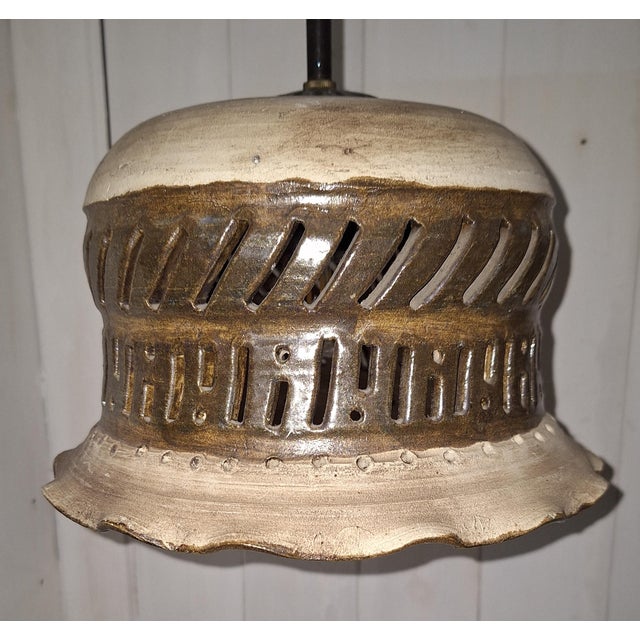Metal Handmade Rustic Vintage Ceiling Lamps from the 1970s Made of Beige-Brown Ceramic on a Black Iron Chain, Set of 2 For Sale - Image 7 of 9