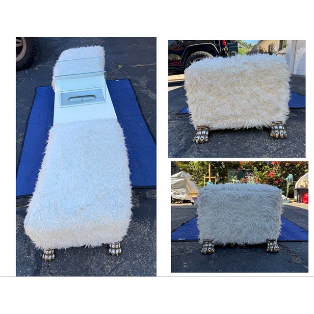 Late 20th Century Glam Faux Fur Bench With Silver Claw Feet & Built-in Propane Fire Lantern | 3-Piece Vintage Set For Sale - Image 5 of 10