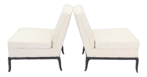 Faux Horn Shape Leg Bamboo Slipper Lounge Chairs New Upholstery - A Pair