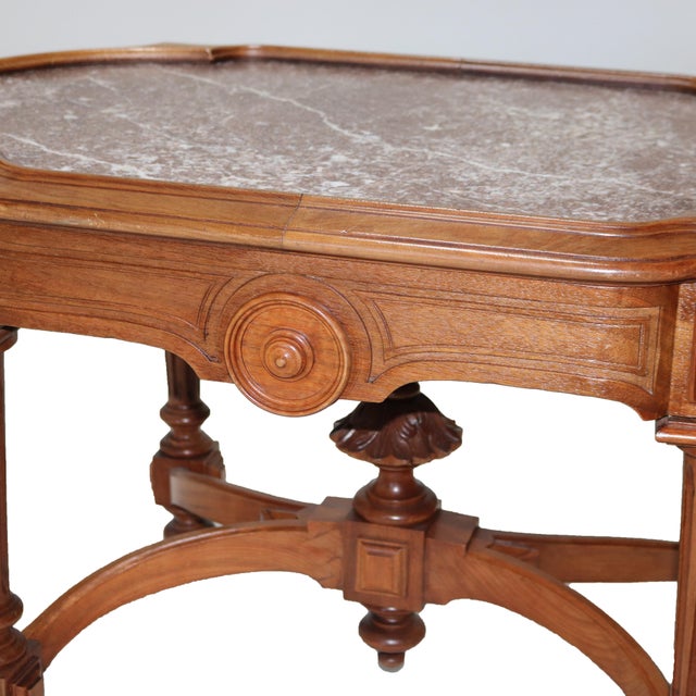 Antique Renaissance Revival Walnut Rouge Marble Parlor Table & Picture Frame Top For Sale - Image 9 of 12